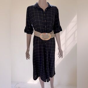Vishudh Cotton 3/4 Sleeve Black Tan Midi Shirt Dress M